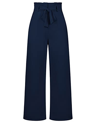 Damen Hosen Breites Bein Hohe Taille Anzughose mit Unsichtbarer Schnalle und Reißverschluss Büro Pants Einfarbig Formal Freizeithose mit Bund Taschen(Dunkelblau,S) von Machbaby