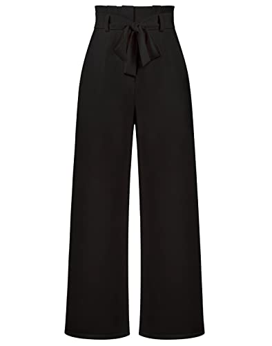 Damen Hosen Breites Bein Hohe Taille Anzughose mit Unsichtbarer Schnalle und Reißverschluss Büro Pants Einfarbig Formal Freizeithose mit Bund Taschen(Schwarz,M) von Machbaby