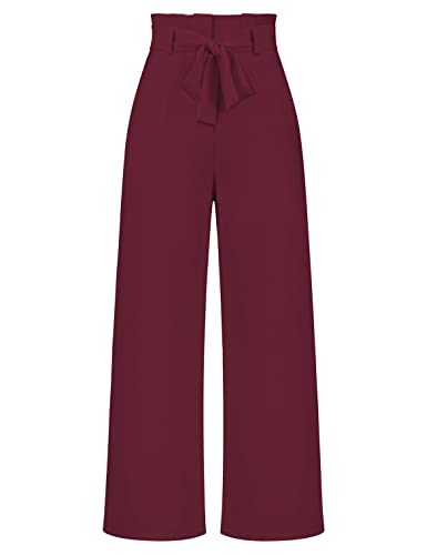 Damen Hosen Breites Bein Hohe Taille Anzughose mit Unsichtbarer Schnalle und Reißverschluss Büro Pants Einfarbig Formal Freizeithose mit Bund Taschen(Weinrot,M) von Machbaby
