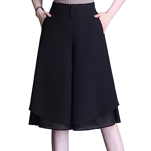 Machbaby Damen Hosenrock Elastische Hohe Taillen Elegante Chiffon Culottes Dünn Kurze Hose Leichte Weitem Bein Sommerhose(Schwarz,3XL) von Machbaby