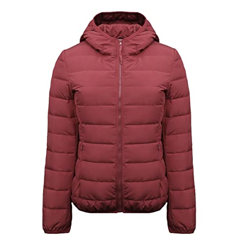 Machbaby Damen Jacke Leichte Pufferjacke Winddichter Herbst Winter Warme Übergangsjacke Steppjacke mit Kapuze(2XL,Rotwein) von Machbaby