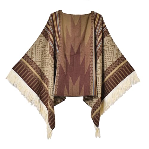 Machbaby Damen Retro Fransen Poncho Schal Vorne öffnen Vielseitige Ethno Stil Herbst Winter Wrap Cape Cardigans Umhang Stola,Kaffee von Machbaby