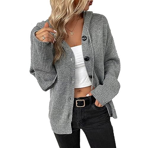 Machbaby Damen Strickjacke Casual Cardigan Langarm V-Ausschnitt Strickmantel Strickpullover Herbst Winter Outwear mit Kapuze Kordelzug Obertei(Grau,M) von Machbaby