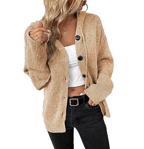 Machbaby Damen Strickjacke Casual Cardigan Langarm V-Ausschnitt Strickmantel Strickpullover Herbst Winter Outwear mit Kapuze Kordelzug Obertei(Khaki,M) von Machbaby