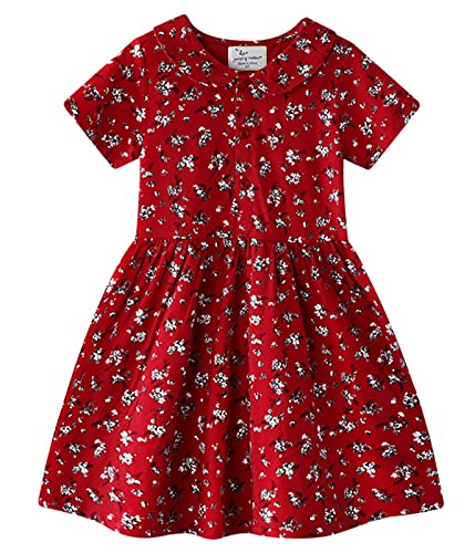 Machbaby Jumping Meters Mädchen Kleid Kurzarm Knielang(Blumen mit Roter Hintergrund,6T) von Machbaby