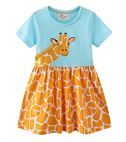 Machbaby Jumping Meters Mädchen Kleid Kurzarm Knielang（Gelbe Giraffe,6T） von Machbaby