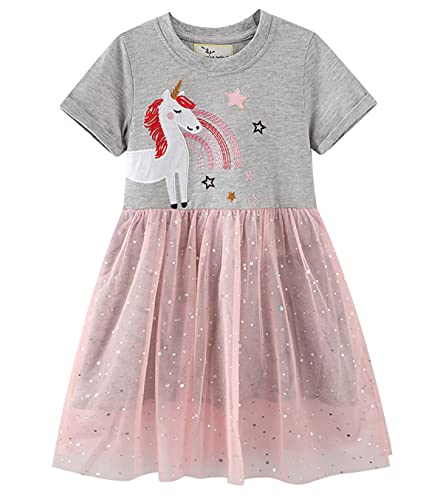 Machbaby Jumping Meters Mädchen Kleid Kurzarm Knielang（Grauer Hintergrund mit weißes Einhorn,6T ） von Machbaby