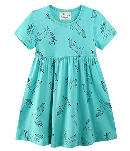 Machbaby Jumping Meters Mädchen Kleid Kurzarm Knielang（Grünes Pferd,4T） von Machbaby