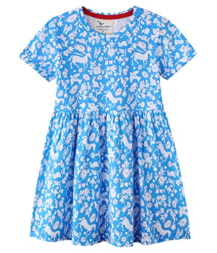 Machbaby Jumping Meters Mädchen Kleid Kurzarm Knielang（Pferd blau,6T ） von Machbaby