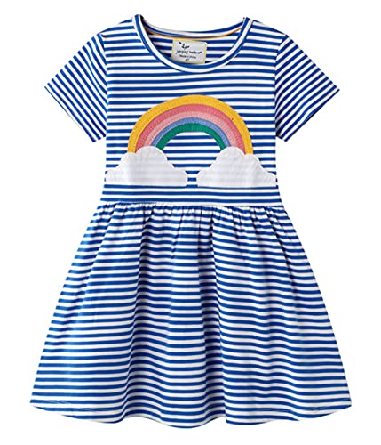Machbaby Jumping Meters Mädchen Kleid Kurzarm Knielang（Regenbogen mit Blaue-weiß gestreift, 7T） von Machbaby