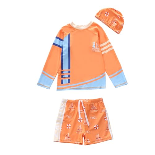Machbaby Jungen Badeanzug Set Bademode UPF 50+ UV Schützend Sonnenschutz Langarm Schwimmshirt Kinder Badeshorts mit Badekappe(Orange,L) von Machbaby