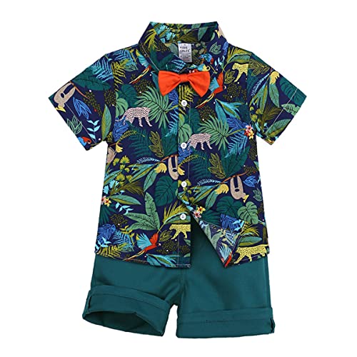 Machbaby Jungen Blumen Hemden Kurzarm Kleidung Kleinkind Kinder Sommer Outfit 2 Stck Short Shirt Bekleidungsset Freizeitanzug 1-7 Jahre(Tier dunkelgrün,130) von Machbaby