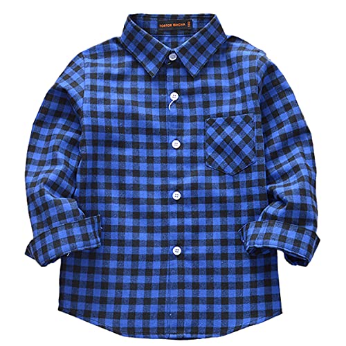 Machbaby Jungen Mädchen Langarm Hemden Plaid Kariert Freizeithemd Tops Baumwolle Button-down Langarmshirt(Blau Kleines Gitter,160) von Machbaby