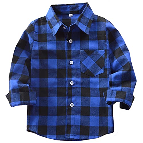 Machbaby Jungen Mädchen Langarm Hemden Plaid Kariert Freizeithemd Tops Baumwolle Button-down Langarmshirt(Blau kariert,100) von Machbaby