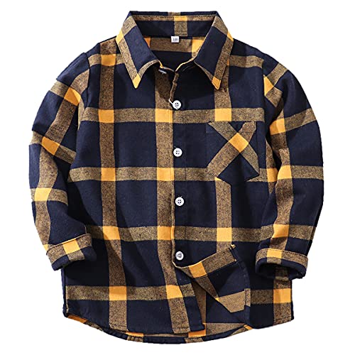 Machbaby Jungen Mädchen Langarm Hemden Plaid Kariert Freizeithemd Tops Baumwolle Button-down Langarmshirt(Blaues und gelbes Gitter,100) von Machbaby