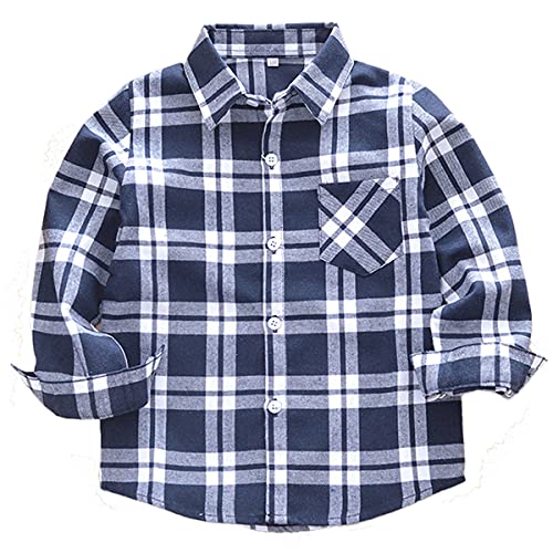 Machbaby Jungen Mädchen Langarm Hemden Plaid Kariert Freizeithemd Tops Baumwolle Button-down Langarmshirt(Graues Gitter,120) von Machbaby