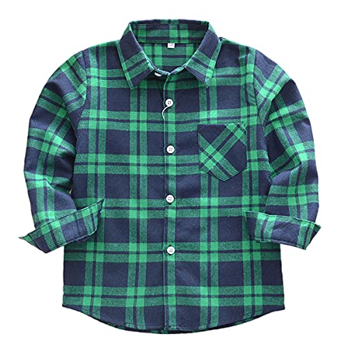 Machbaby Jungen Mädchen Langarm Hemden Plaid Kariert Freizeithemd Tops Baumwolle Button-down Langarmshirt(Grünes Plaid,130) von Machbaby