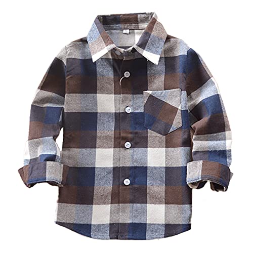 Machbaby Jungen Mädchen Langarm Hemden Plaid Kariert Freizeithemd Tops Baumwolle Button-down Langarmshirt(Khaki-Karo,100) von Machbaby