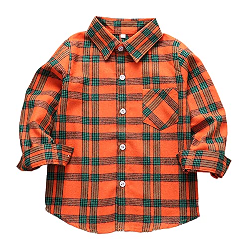 Machbaby Jungen Mädchen Langarm Hemden Plaid Kariert Freizeithemd Tops Baumwolle Button-down Langarmshirt(Orange,140) von Machbaby