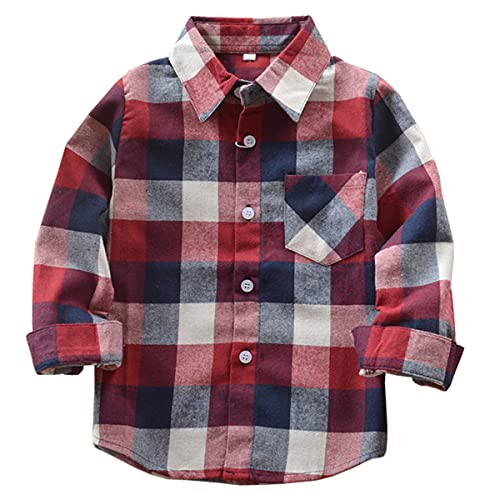 Machbaby Jungen Mädchen Langarm Hemden Plaid Kariert Freizeithemd Tops Baumwolle Button-down Langarmshirt(Rosa kariert,100) von Machbaby