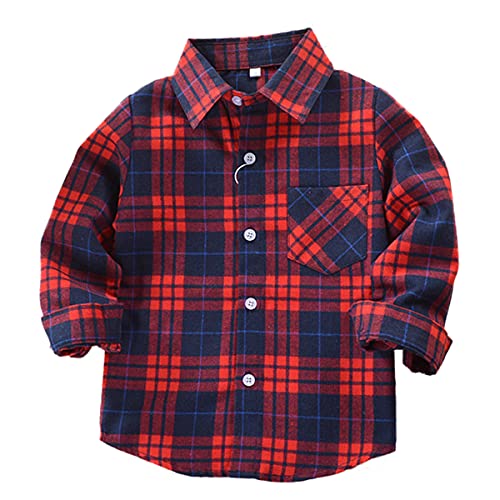 Machbaby Jungen Mädchen Langarm Hemden Plaid Kariert Freizeithemd Tops Baumwolle Button-down Langarmshirt(Rot und Blau kariert,100) von Machbaby