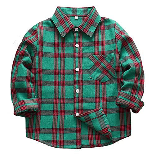 Machbaby Jungen Mädchen Langarm Hemden Plaid Kariert Freizeithemd Tops Baumwolle Button-down Langarmshirt(Rote Streifen auf Grün,150) von Machbaby
