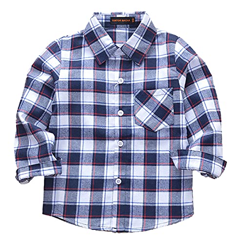 Machbaby Jungen Mädchen Langarm Hemden Plaid Kariert Freizeithemd Tops Baumwolle Button-down Langarmshirt(Rote und Blaue Linien,100) von Machbaby