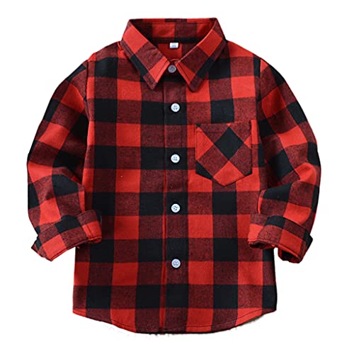 Machbaby Jungen Mädchen Langarm Hemden Plaid Kariert Freizeithemd Tops Baumwolle Button-down Langarmshirt(Rote und Schwarze Quadrate,100) von Machbaby