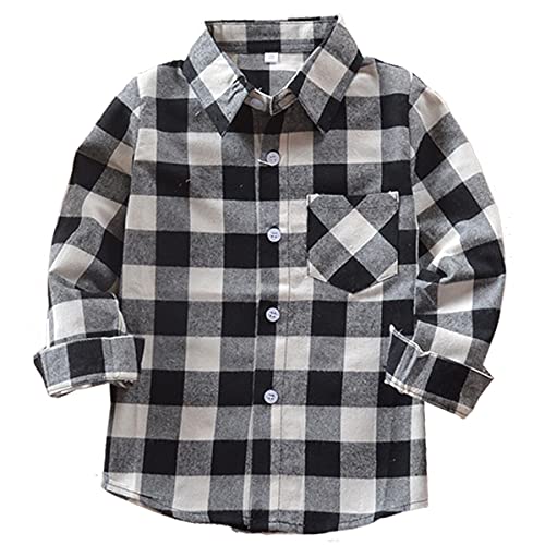 Machbaby Jungen Mädchen Langarm Hemden Plaid Kariert Freizeithemd Tops Baumwolle Button-down Langarmshirt(Schwarz-weiß Kariertes,100) von Machbaby