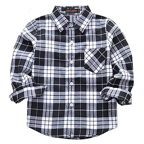 Machbaby Jungen Mädchen Langarm Hemden Plaid Kariert Freizeithemd Tops Baumwolle Button-down Langarmshirt(Schwarze und weiße Streifen,100) von Machbaby