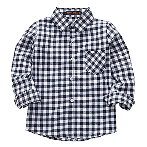 Machbaby Jungen Mädchen Langarm Hemden Plaid Kariert Freizeithemd Tops Baumwolle Button-down Langarmshirt(Schwarzes und weißes kleines Gitter,100) von Machbaby