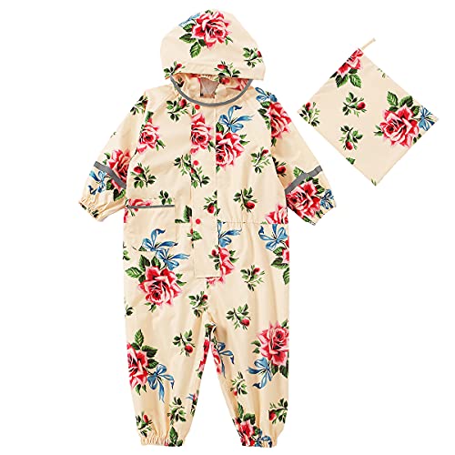 Machbaby Jungen Mädchen Regenmantel Leichter Einteiliger Overall Wasserdichter Regenjacken Atmungsaktiv Reflektoren Regenjacke mit transparenter Hutkrempe(Aprikosen-Blume,1-2 Jahre) von Machbaby