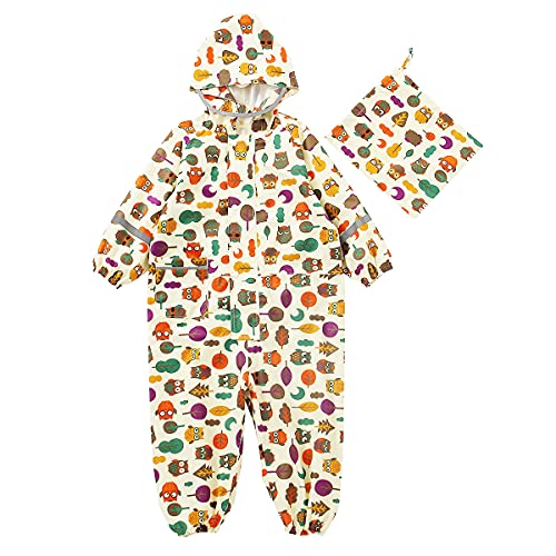 Machbaby Jungen Mädchen Regenmantel Leichter Einteiliger Overall Wasserdichter Regenjacken Atmungsaktiv Reflektoren Regenjacke mit transparenter Hutkrempe(Aprikosen-Eule,1-2 Jahre) von Machbaby