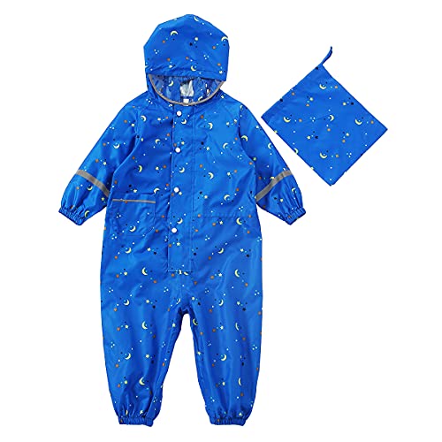 Machbaby Jungen Mädchen Regenmantel Leichter Einteiliger Overall Wasserdichter Regenjacken Atmungsaktiv Reflektoren Regenjacke mit transparenter Hutkrempe(Blauer Sternenhimmel,2-4 Jahre) von Machbaby