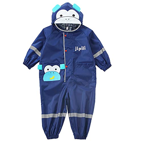 Machbaby Jungen Mädchen Regenmantel Leichter Einteiliger Overall Wasserdichter Regenjacken Atmungsaktiv Reflektoren Regenjacke mit transparenter Hutkrempe(Dunkelblauer Affe,1-2 Jahre) von Machbaby