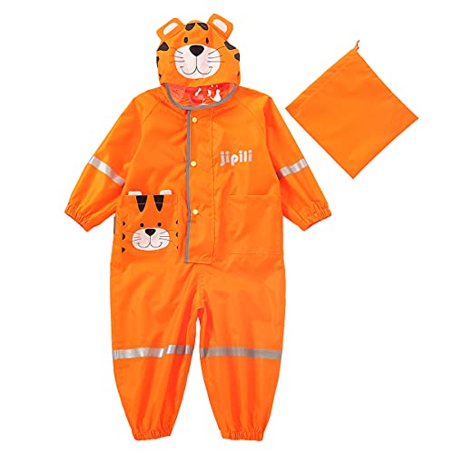 Machbaby Jungen Mädchen Regenmantel Leichter Einteiliger Overall Wasserdichter Regenjacken Atmungsaktiv Reflektoren Regenjacke mit transparenter Hutkrempe(Orange,1-2 Jahre) von Machbaby