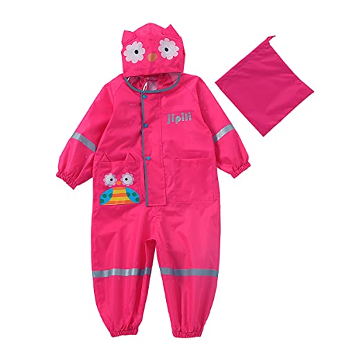 Machbaby Jungen Mädchen Regenmantel Leichter Einteiliger Overall Wasserdichter Regenjacken Atmungsaktiv Reflektoren Regenjacke mit transparenter Hutkrempe(Rose Eule,1-2 Jahre) von Machbaby