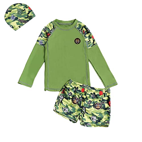 Machbaby Kinder Jungen Badeanzug Set Bademode UPF 50+ UV Schützend Sonnenschutz Schwimmanzug mit Tarnmuster(Zweiteiliger-Lange Ärmel,104-110) von Machbaby