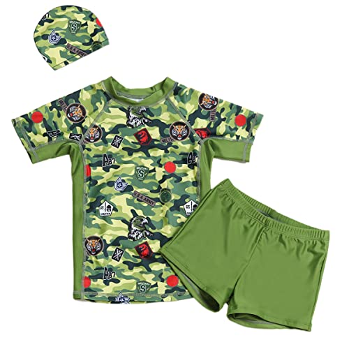 Machbaby Kinder Jungen Badeanzug Set Bademode UPF 50+ UV Schützend Sonnenschutz Schwimmanzug mit Tarnmuster(Zweiteiliger- kurzen Ärmel,104-110) von Machbaby