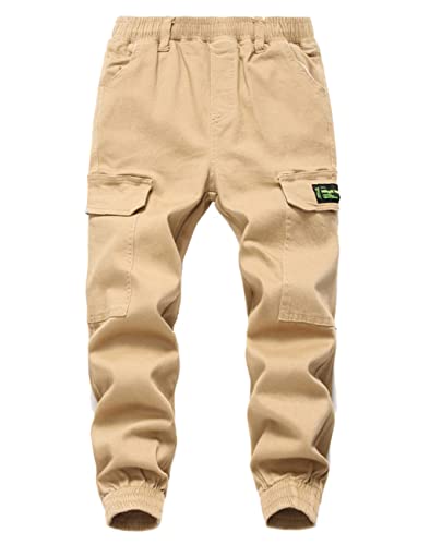 Machbaby Kinder Jungen Baumwolle Cargohose Streetwear Sporthose Slim Fit Freizeithose mit elastischem Bund(Khaki,160) von Machbaby