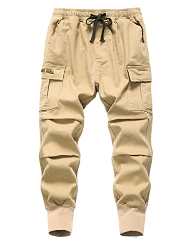 Machbaby Kinder Jungen Baumwolle Cargohose Streetwear Sporthose Slim Fit Freizeithose mit elastischem Bund(Khaki mit Gürtel,150) von Machbaby