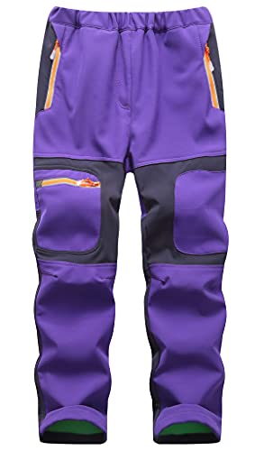 Machbaby Kinder Jungen Mädchen Softshellhose Outdoorhose mit Fleecefütterung Sporthose Atmungsaktiv Warm Funktionshose Regenhose Trekkinghose Skihose(Violett,Etikett 2XL) von Machbaby