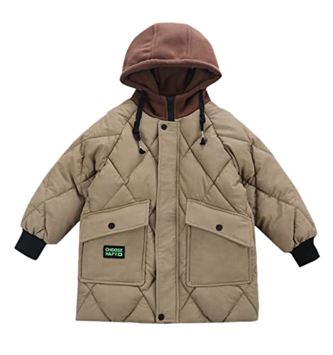 Machbaby Kinder Jungen Mädchen Wintermantel Baumwolle Verdickte Winterjacke Outdoor Warm Daunenmantel Winddichte Outwear Kapuzenjacke Mit Fleece Innenfutter(Khaki,140) von Machbaby