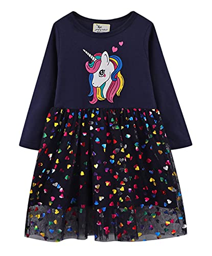 Machbaby Kinder Mädchen Kleider Langarm Baumwolle Karikatur Prinzessin Freizeit Tüll Kleid(Buntes Einhorn,4T) von Machbaby