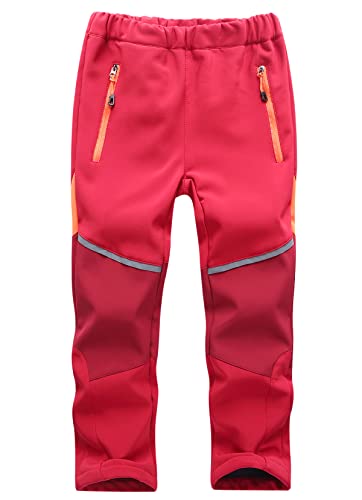 Machbaby Kinder Softshellhose Gefüttert Thermohose mit Reflektor Wasserabweisend Winddicht Atmungsaktiv Herbst Winter Jungen Mädchen Wandern Trekkinghose Funktionshose(Rot+dunkelrot,L) von Machbaby