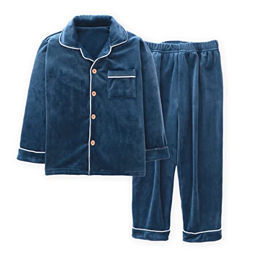 Machbaby Kinder Zweiteiler Schlafanzug Langarm Flanell Pyjama Set für Jungen Mädchen Hausanzug mit Knopfleiste(Blau,170) von Machbaby