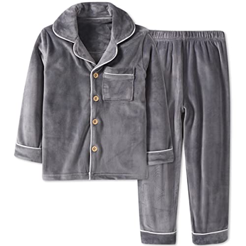 Machbaby Kinder Zweiteiler Schlafanzug Langarm Flanell Pyjama Set für Jungen Mädchen Hausanzug mit Knopfleiste(Grau,120) von Machbaby