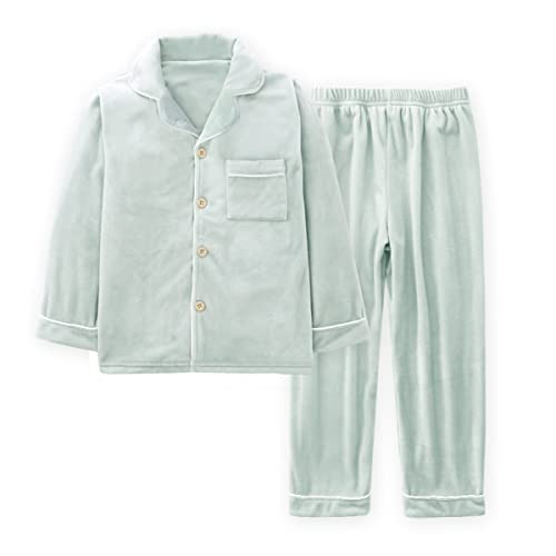 Machbaby Kinder Zweiteiler Schlafanzug Langarm Flanell Pyjama Set für Jungen Mädchen Hausanzug mit Knopfleiste(Hellgrün,100) von Machbaby