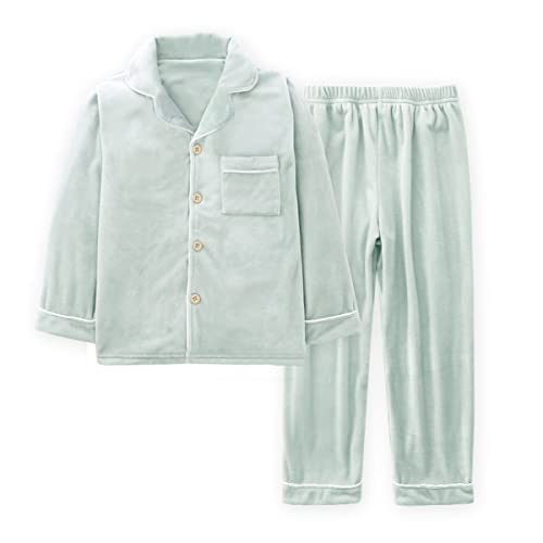 Machbaby Kinder Zweiteiler Schlafanzug Langarm Flanell Pyjama Set für Jungen Mädchen Hausanzug mit Knopfleiste(Hellgrün,170) von Machbaby