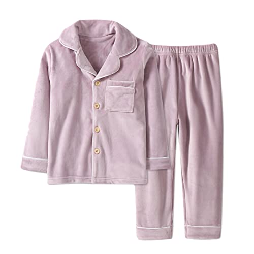 Machbaby Kinder Zweiteiler Schlafanzug Langarm Flanell Pyjama Set für Jungen Mädchen Hausanzug mit Knopfleiste(Lila,130) von Machbaby